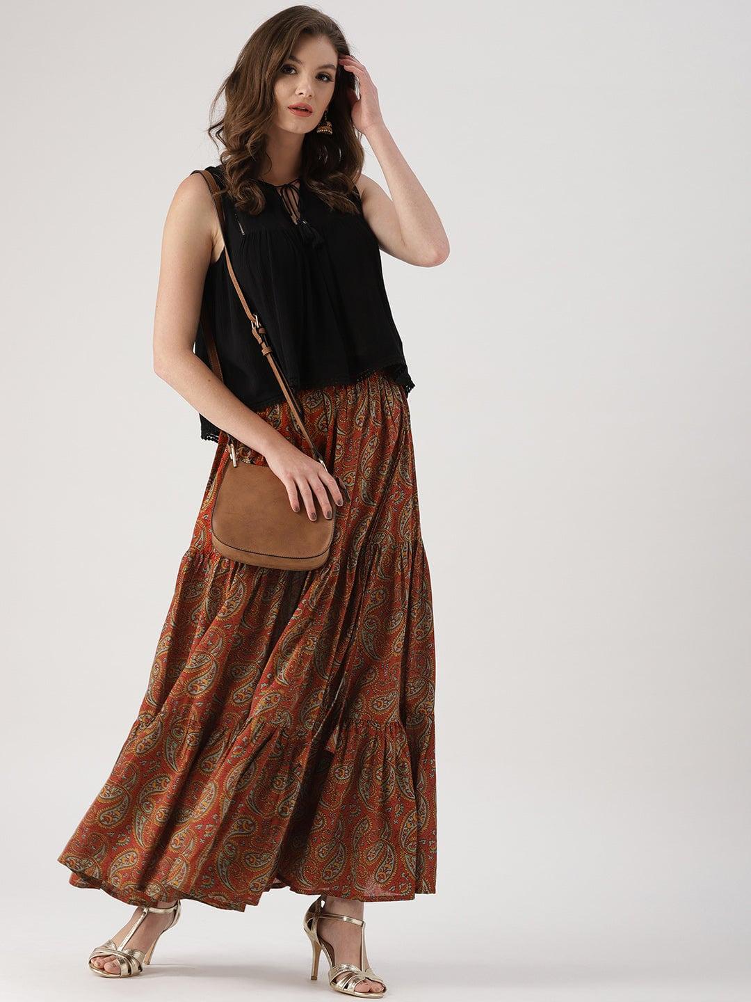 Brown Printed Cotton Skirts - Libas