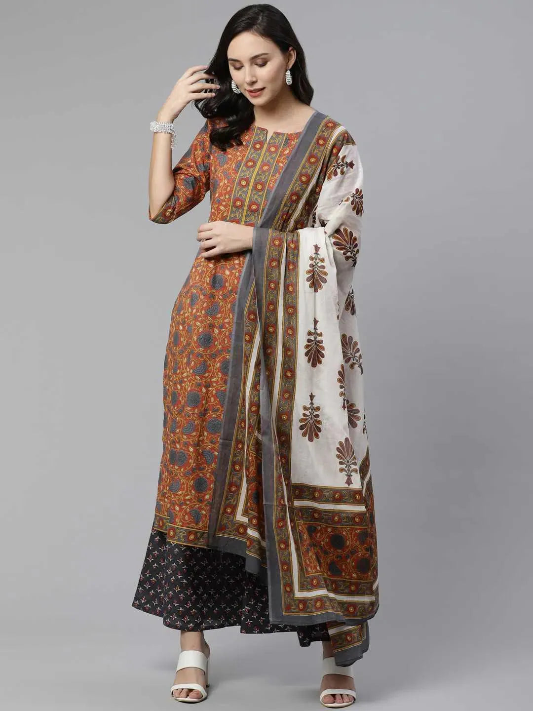 Brown Printed Cotton Suit Set - Libas