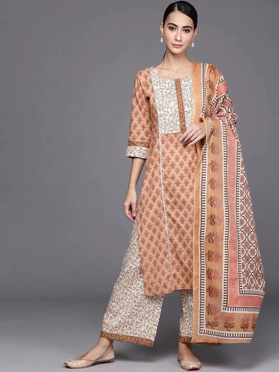 Brown Printed Cotton Suit Set - Libas