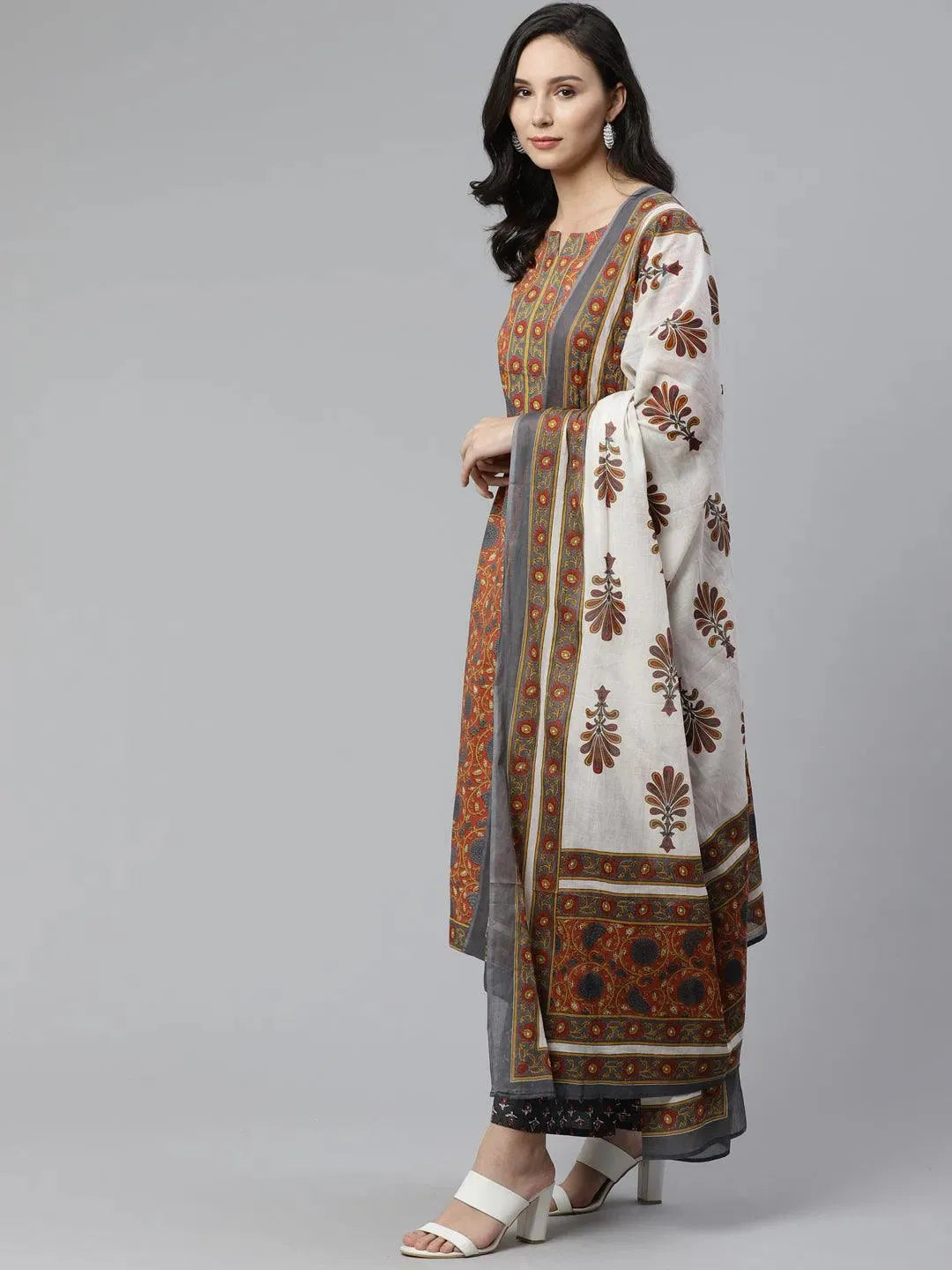 Brown Printed Cotton Suit Set - Libas