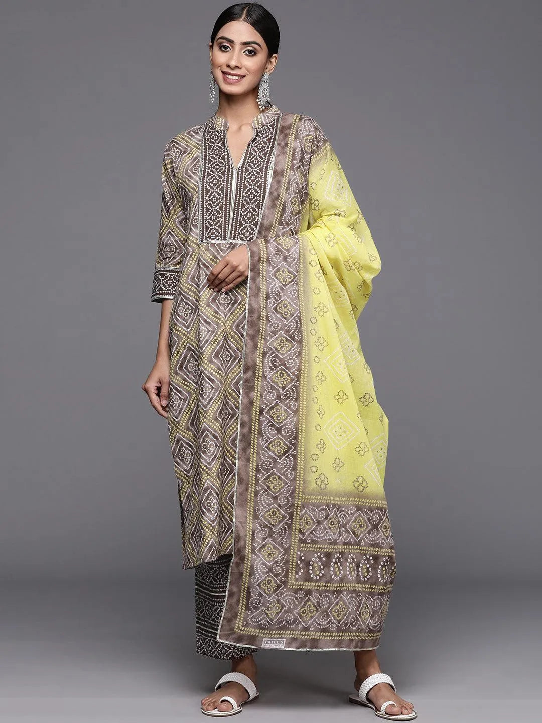 Brown Printed Cotton Straight Kurta With Trousers & Dupatta - Libas 
