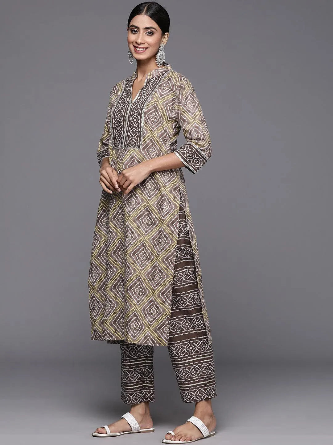 Brown Printed Cotton Straight Kurta With Trousers & Dupatta - Libas 
