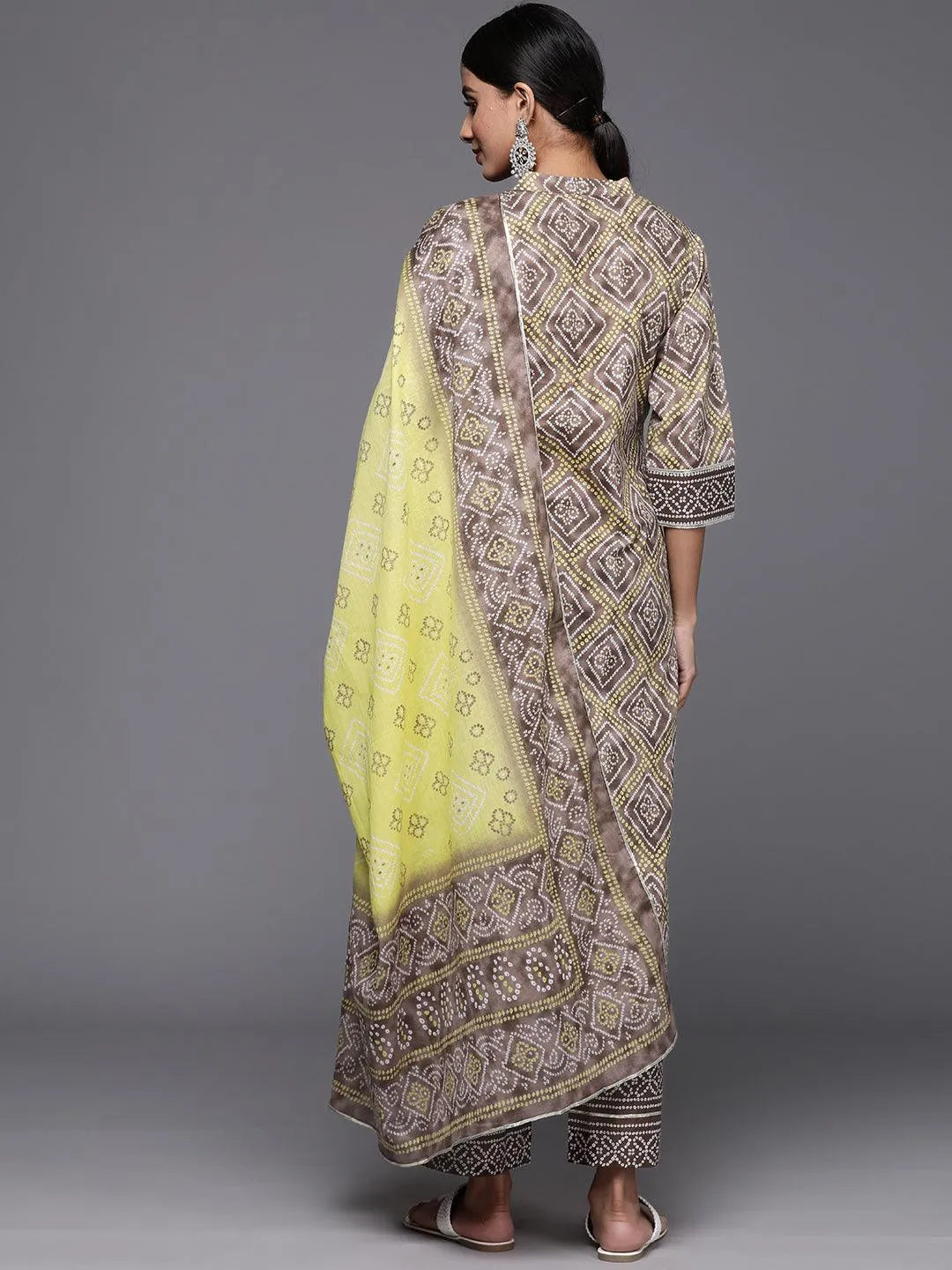 Brown Printed Cotton Straight Kurta With Trousers & Dupatta - Libas 