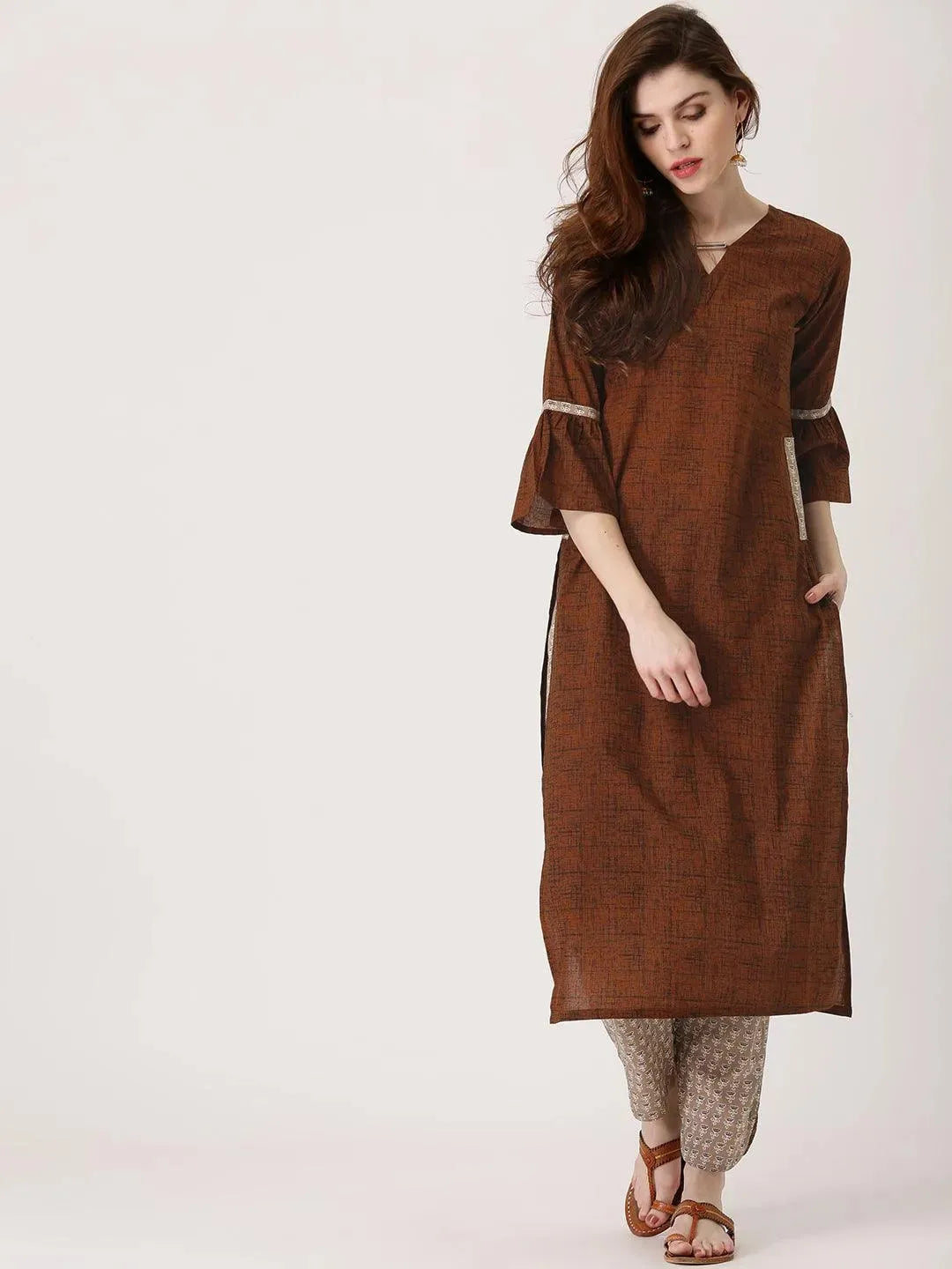 Brown Printed Cotton Kurta Set - Libas