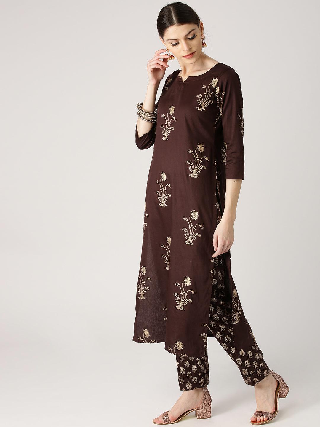 Brown Printed Cotton Straight Kurta With Trousers