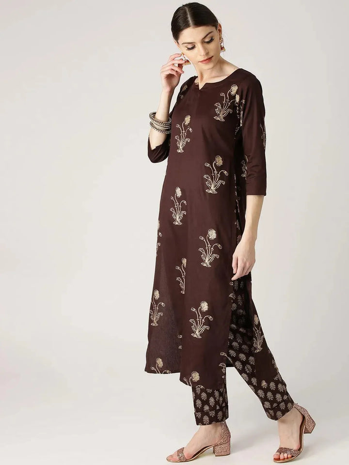 Brown Printed Cotton Kurta Set - Libas
