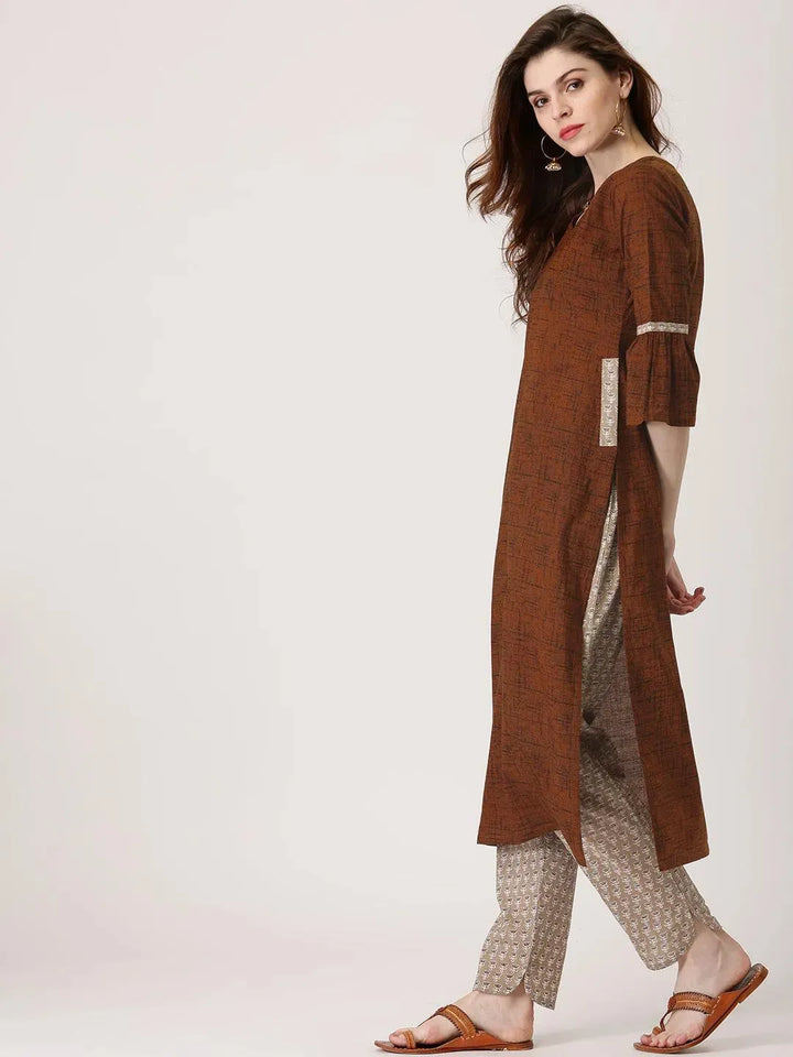 Brown Printed Cotton Kurta Set - Libas