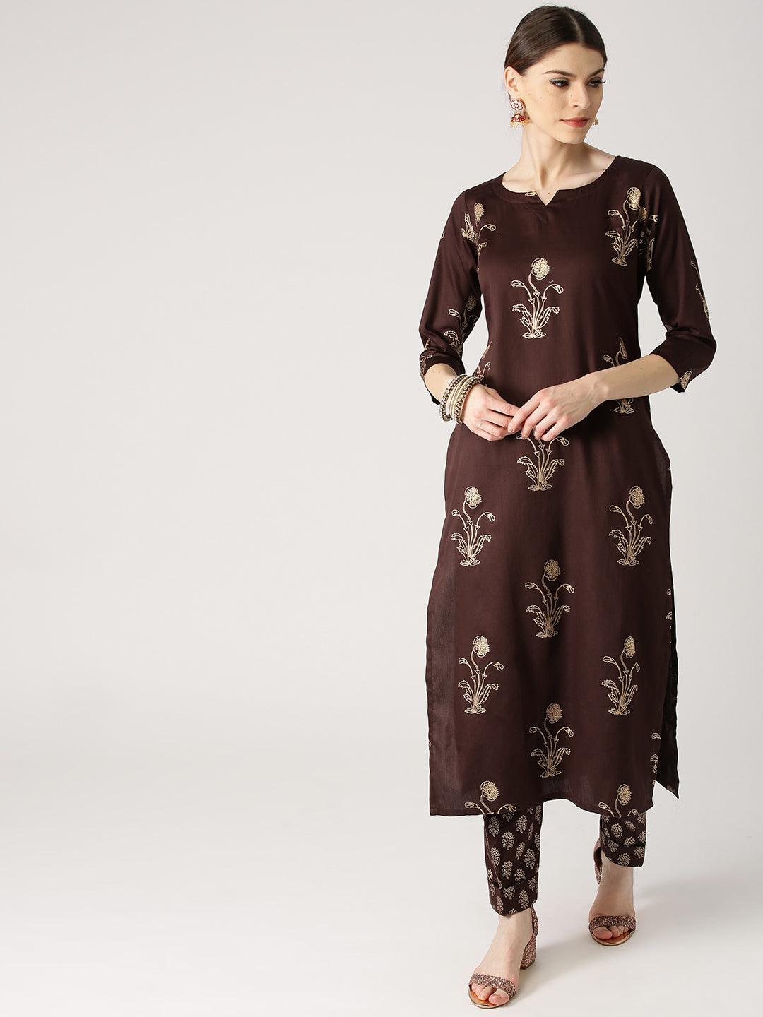 Brown Printed Cotton Straight Kurta With Trousers