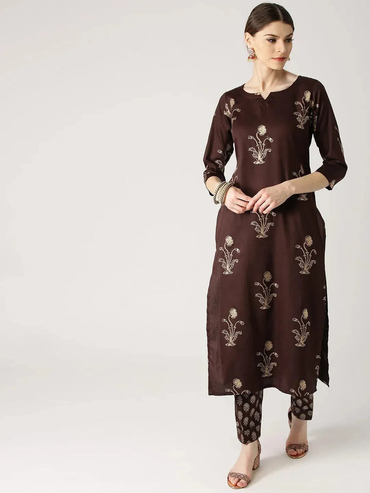Brown Printed Cotton Kurta Set - Libas