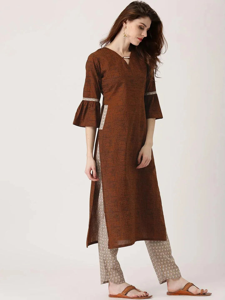 Brown Printed Cotton Kurta Set - Libas