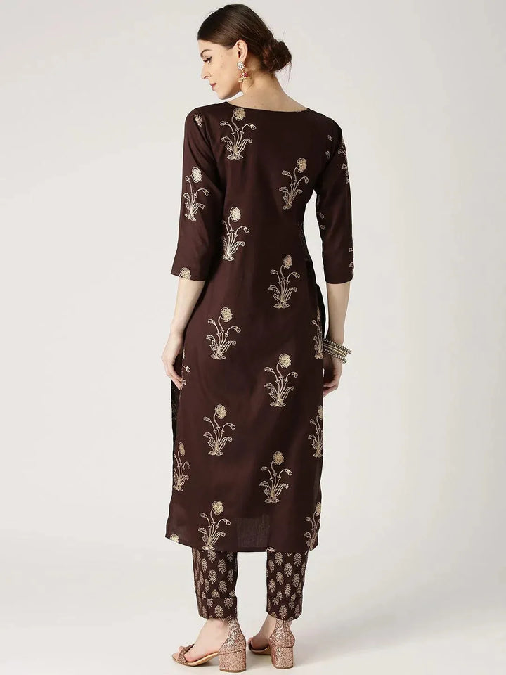 Brown Printed Cotton Kurta Set - Libas