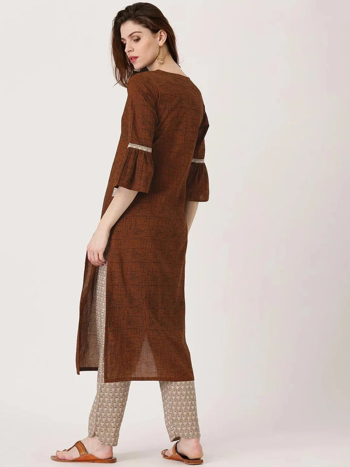 Brown Printed Cotton Kurta Set - Libas