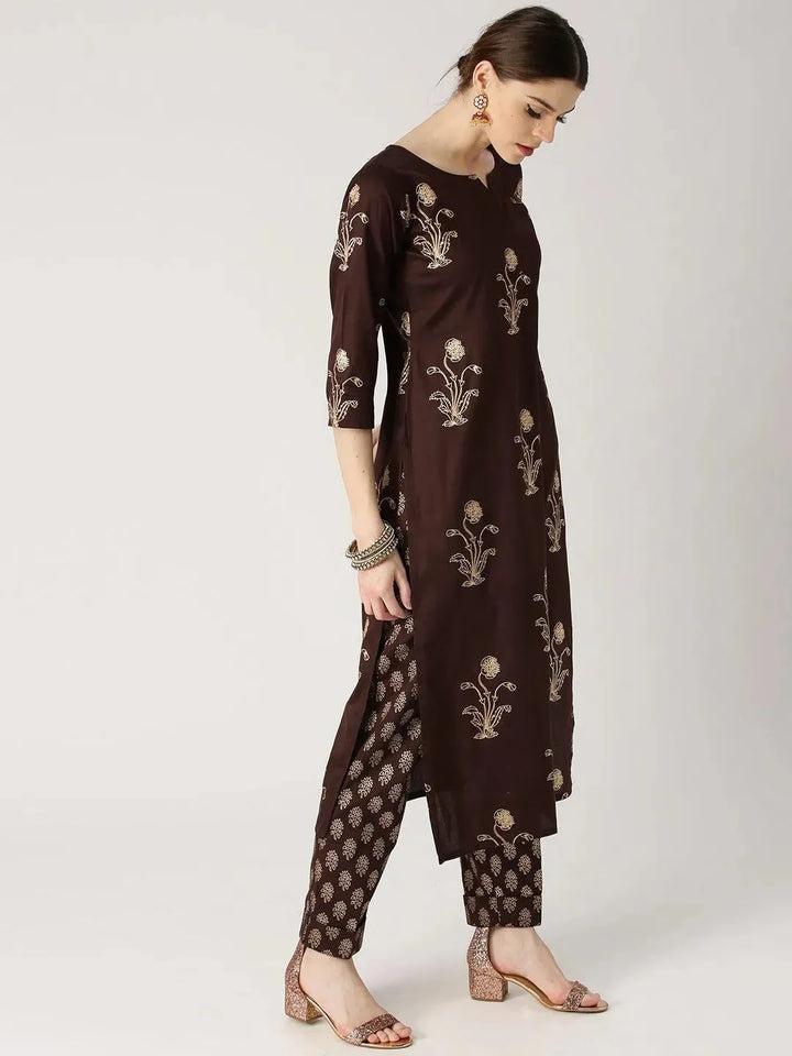 Brown Printed Cotton Kurta Set - Libas