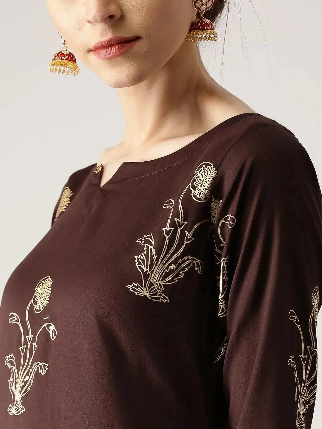 Brown Printed Cotton Kurta Set - Libas 