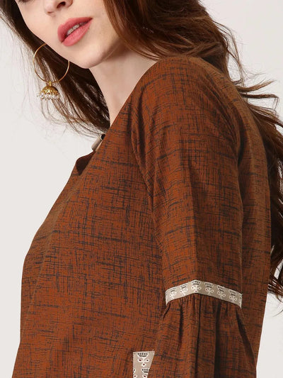 Brown Printed Cotton Kurta Set - Libas