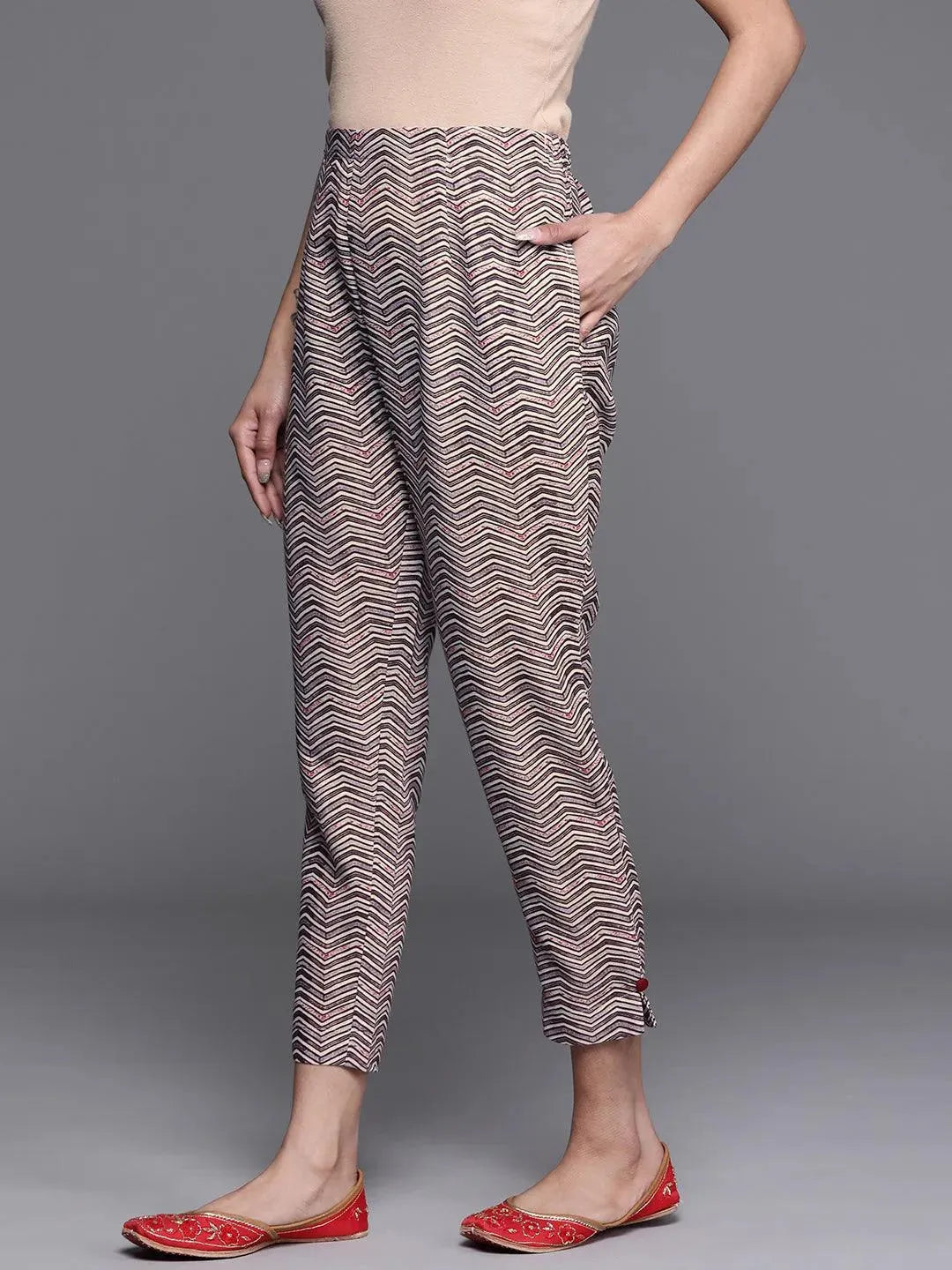 Brown Printed Cotton Trousers - Libas 