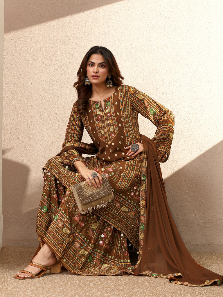 Libas Brown Printed Crepe Straight Suit Set With Dupatta