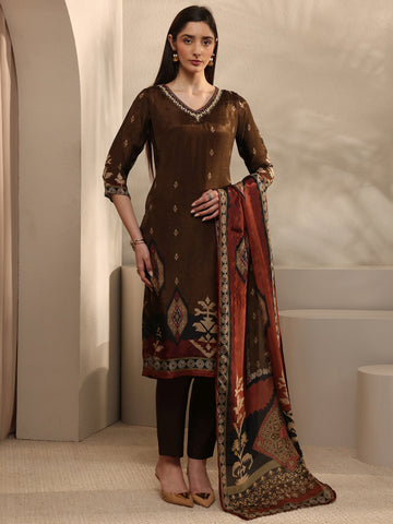 Libas Brown Printed Crepe Straight Suit Set With Dupatta