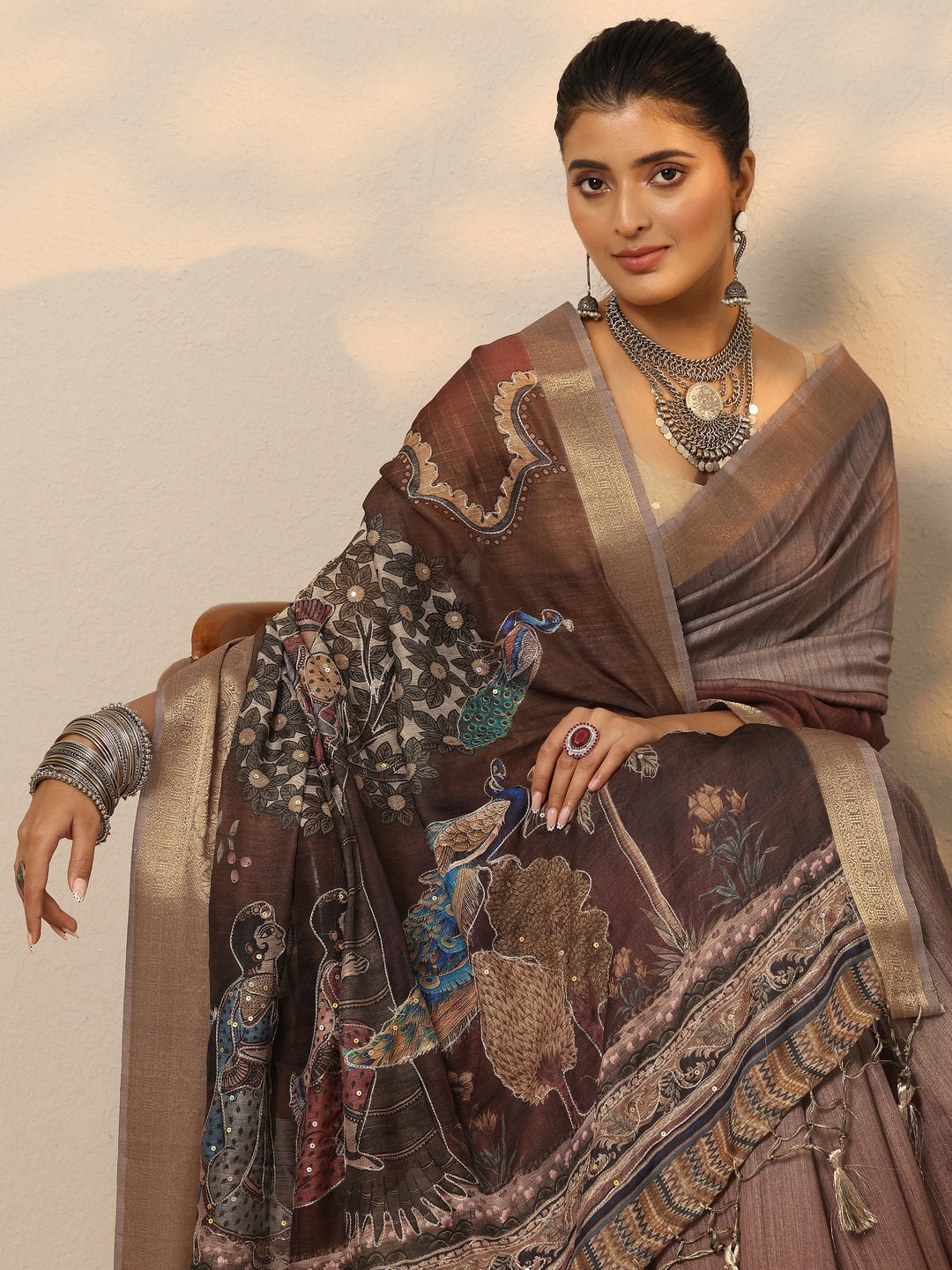 Brown Printed Georgette Saree With Unstitched Blouse Piece