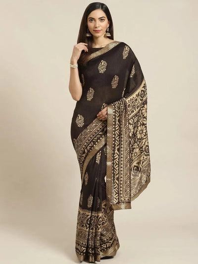 Brown Printed Polyester Saree - Libas