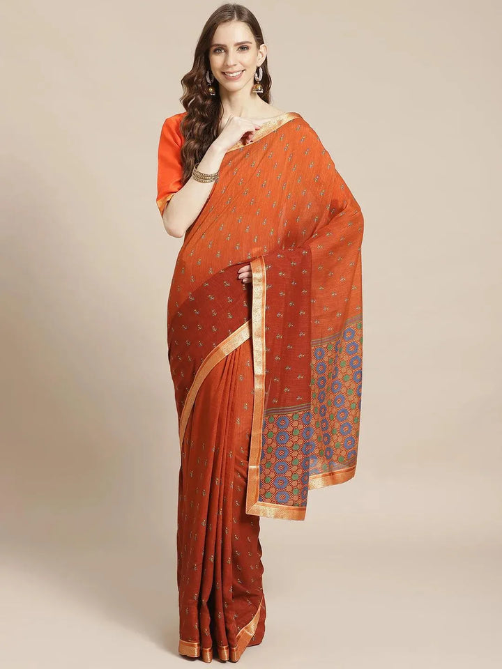 Brown Printed Polyester Saree - Libas