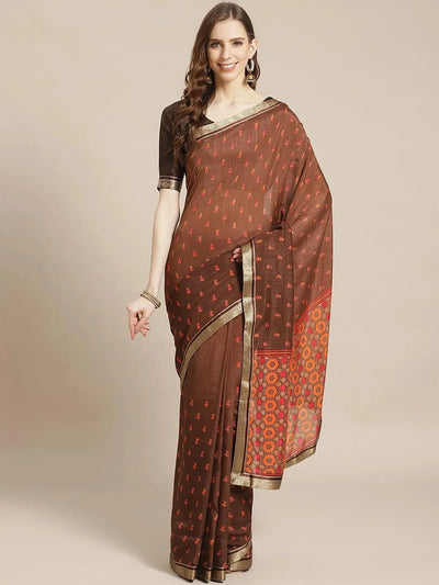 Brown Printed Polyester Saree - Libas