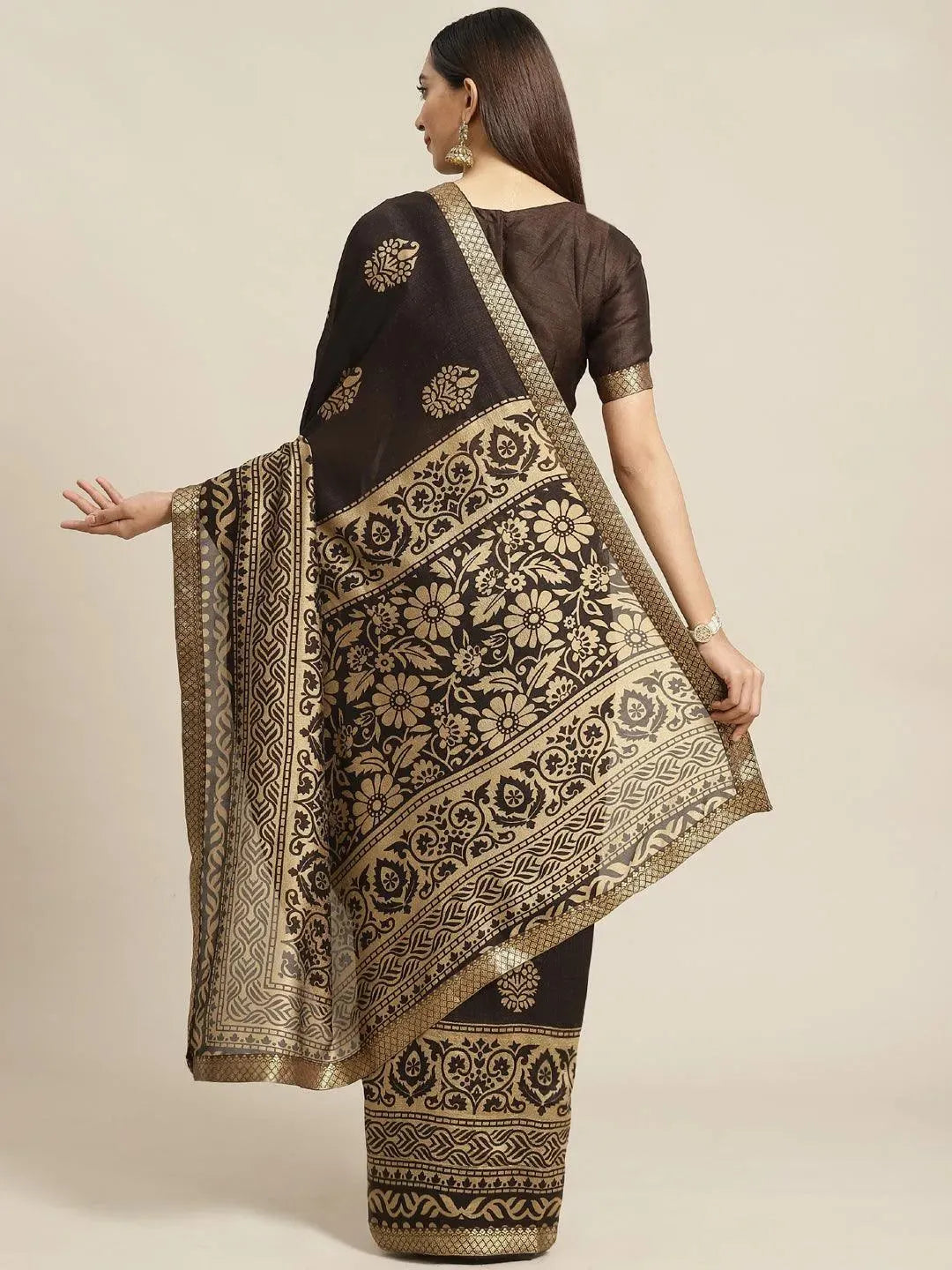 Brown Printed Polyester Saree - Libas