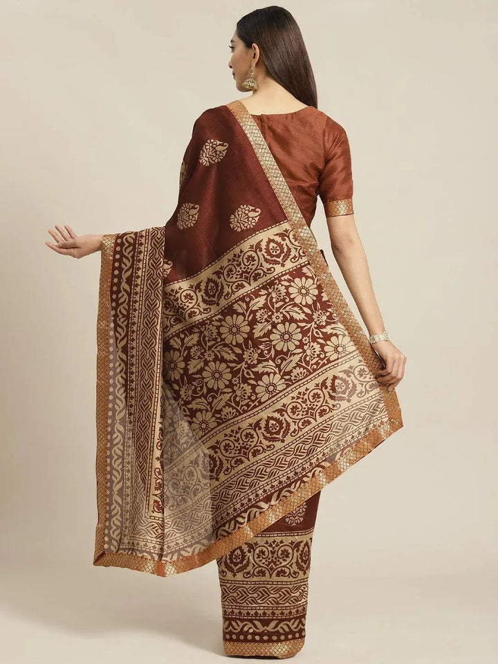 Brown Printed Polyester Saree - Libas