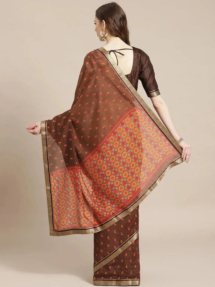 Brown Printed Polyester Saree - Libas
