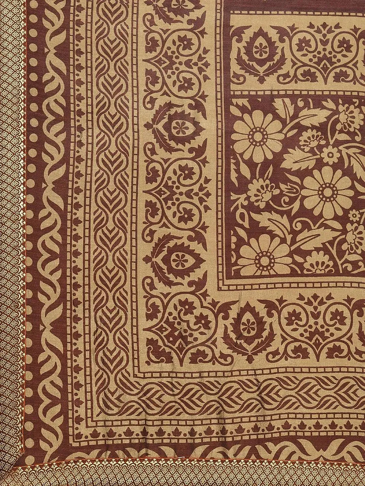 Brown Printed Polyester Saree - Libas