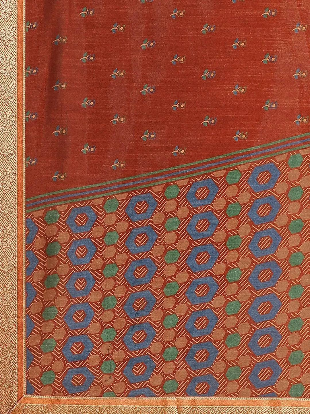 Brown Printed Polyester Saree - Libas 
