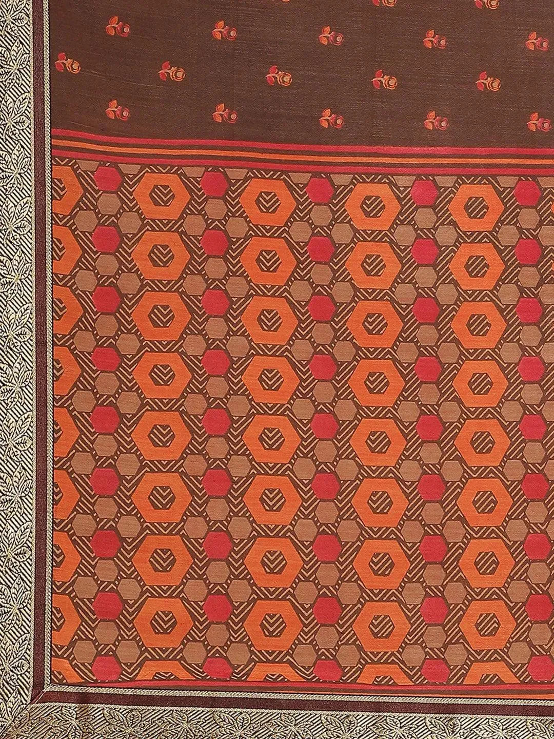 Brown Printed Polyester Saree - Libas 