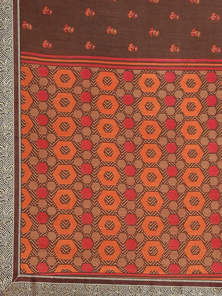 Brown Printed Polyester Saree - Libas