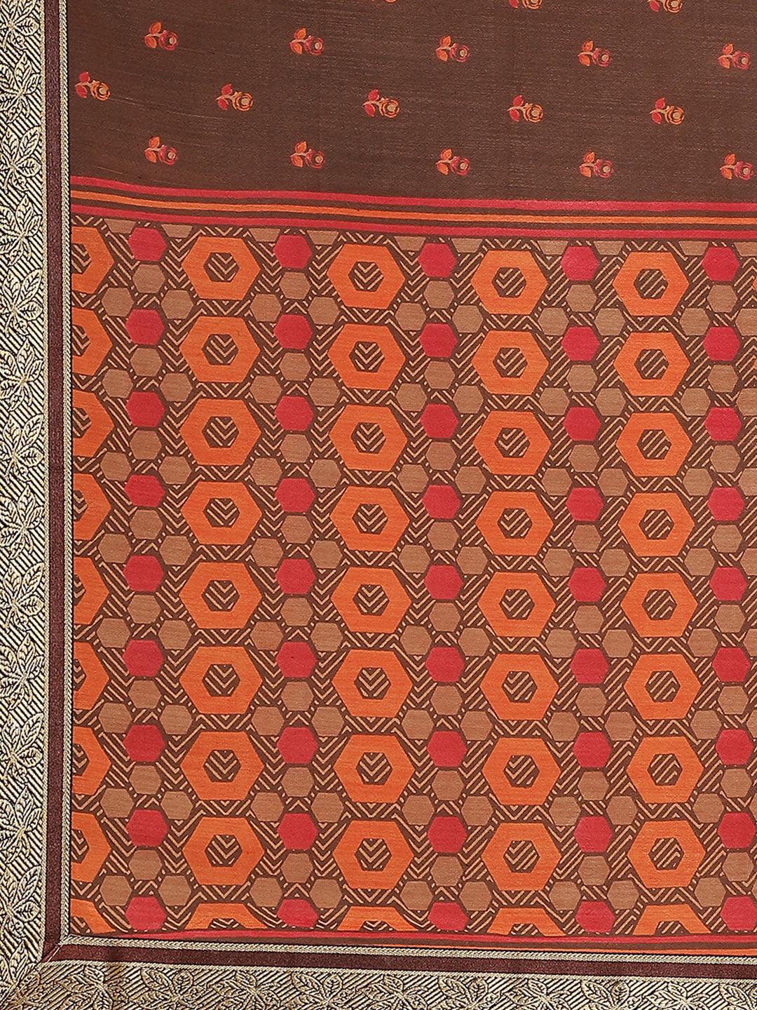 Brown Printed Polyester Saree - Libas