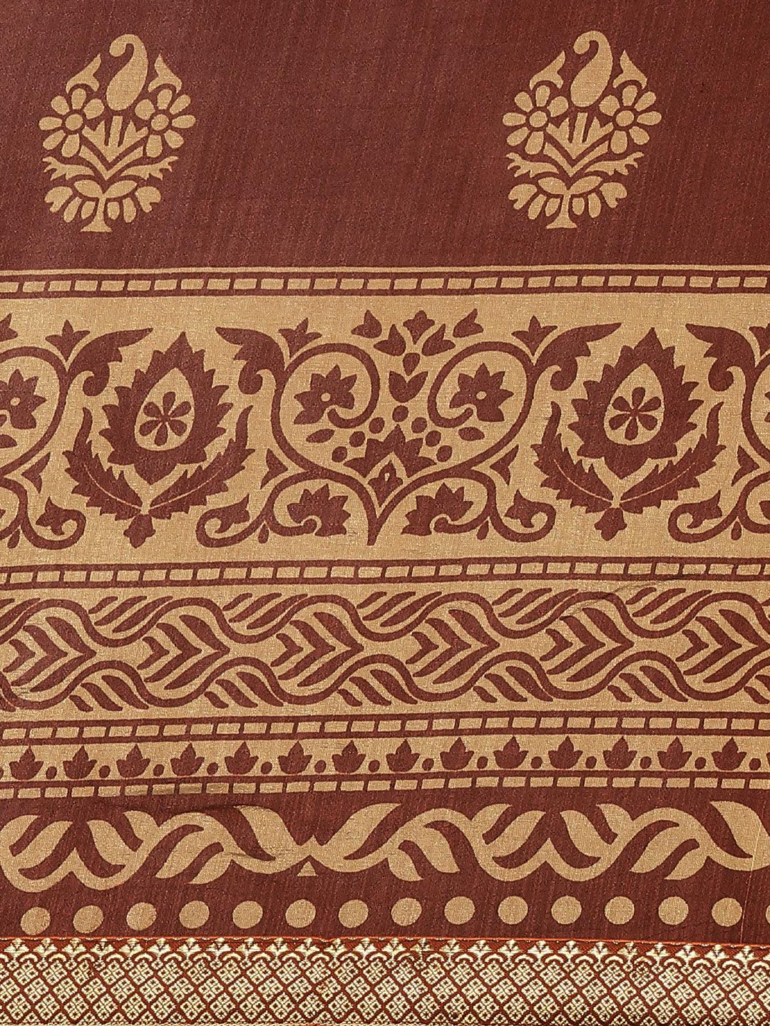 Brown Printed Polyester Saree - Libas