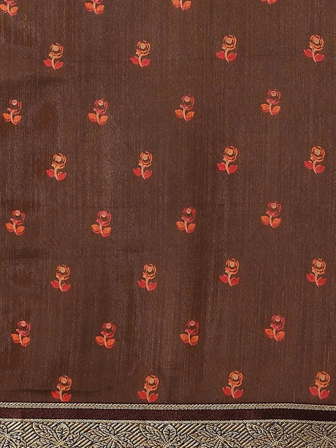 Brown Printed Polyester Saree - Libas 