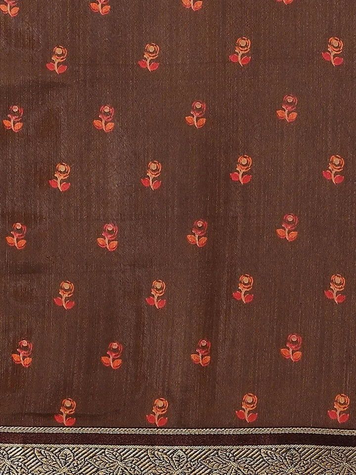 Brown Printed Polyester Saree - Libas