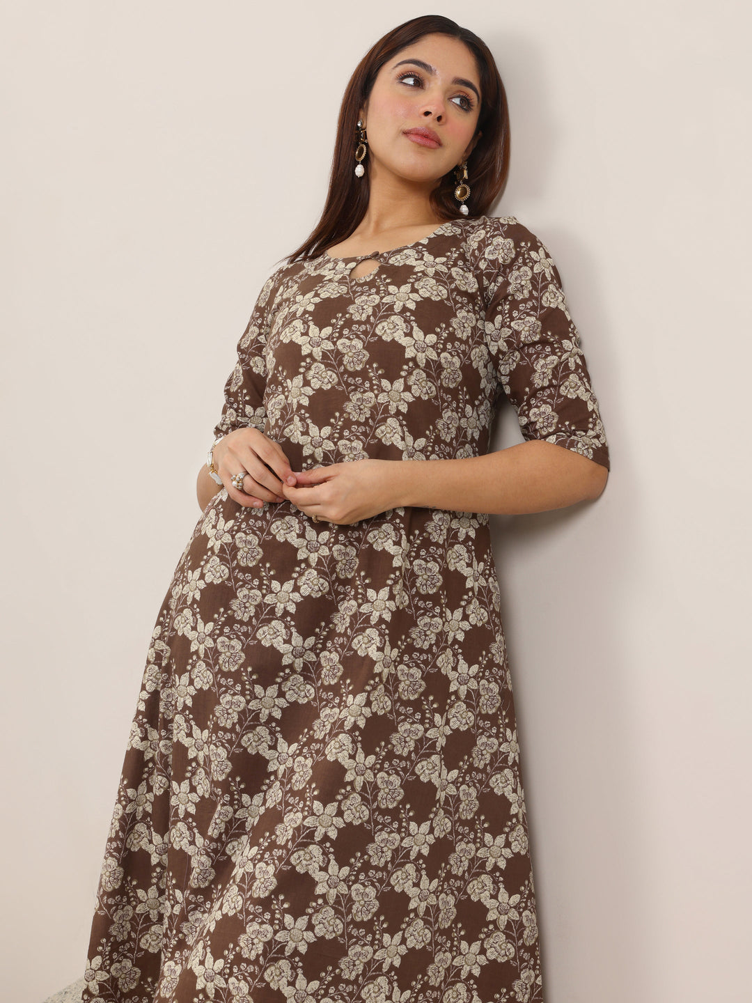  Brown Printed Pure Cotton Straight Kurta Set 