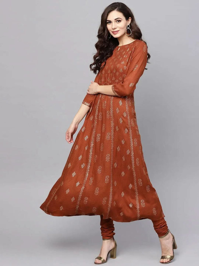 Libas Brown Printed Rayon A-Line Kurta With Churidar & Dupatta