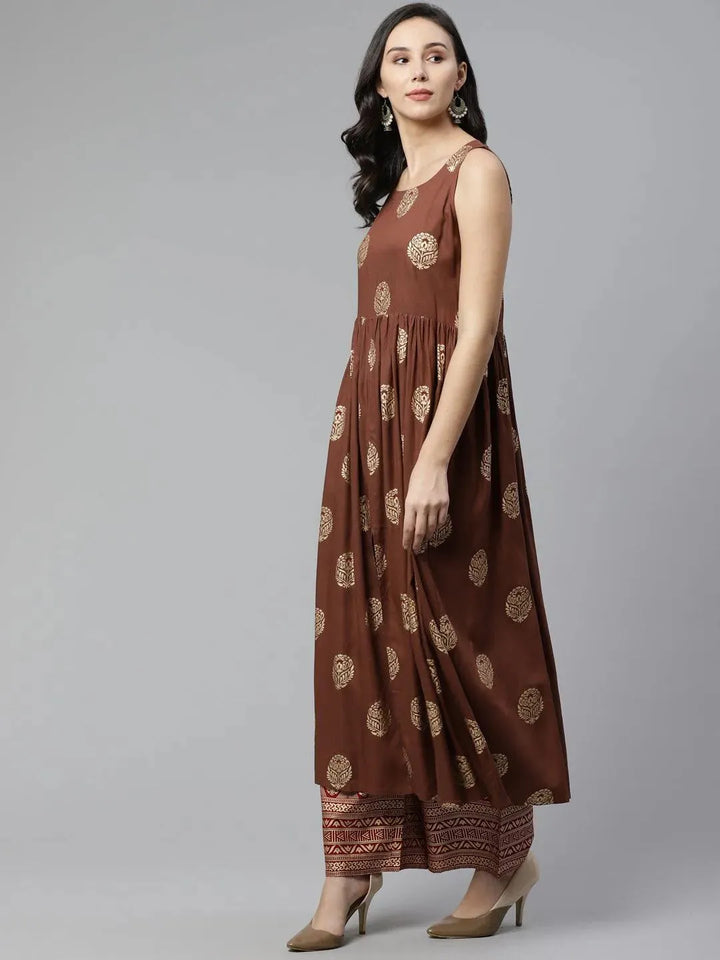 Brown Printed Rayon Kurta Set - Libas