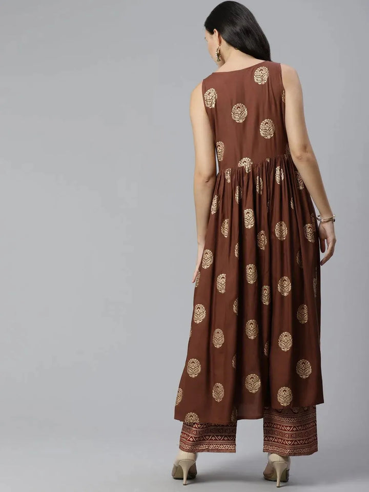 Brown Printed Rayon Kurta Set - Libas