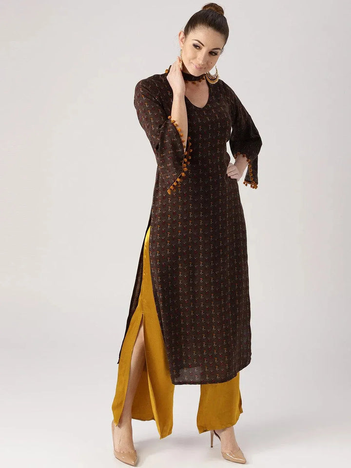 Brown Printed Rayon Kurta - Libas