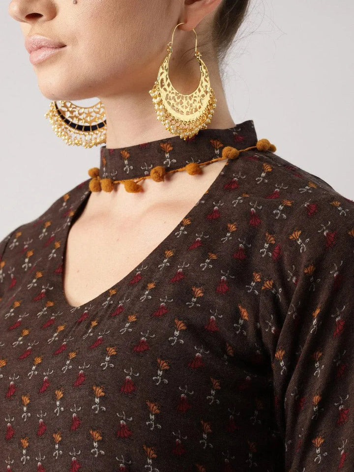 Brown Printed Rayon Kurta - Libas