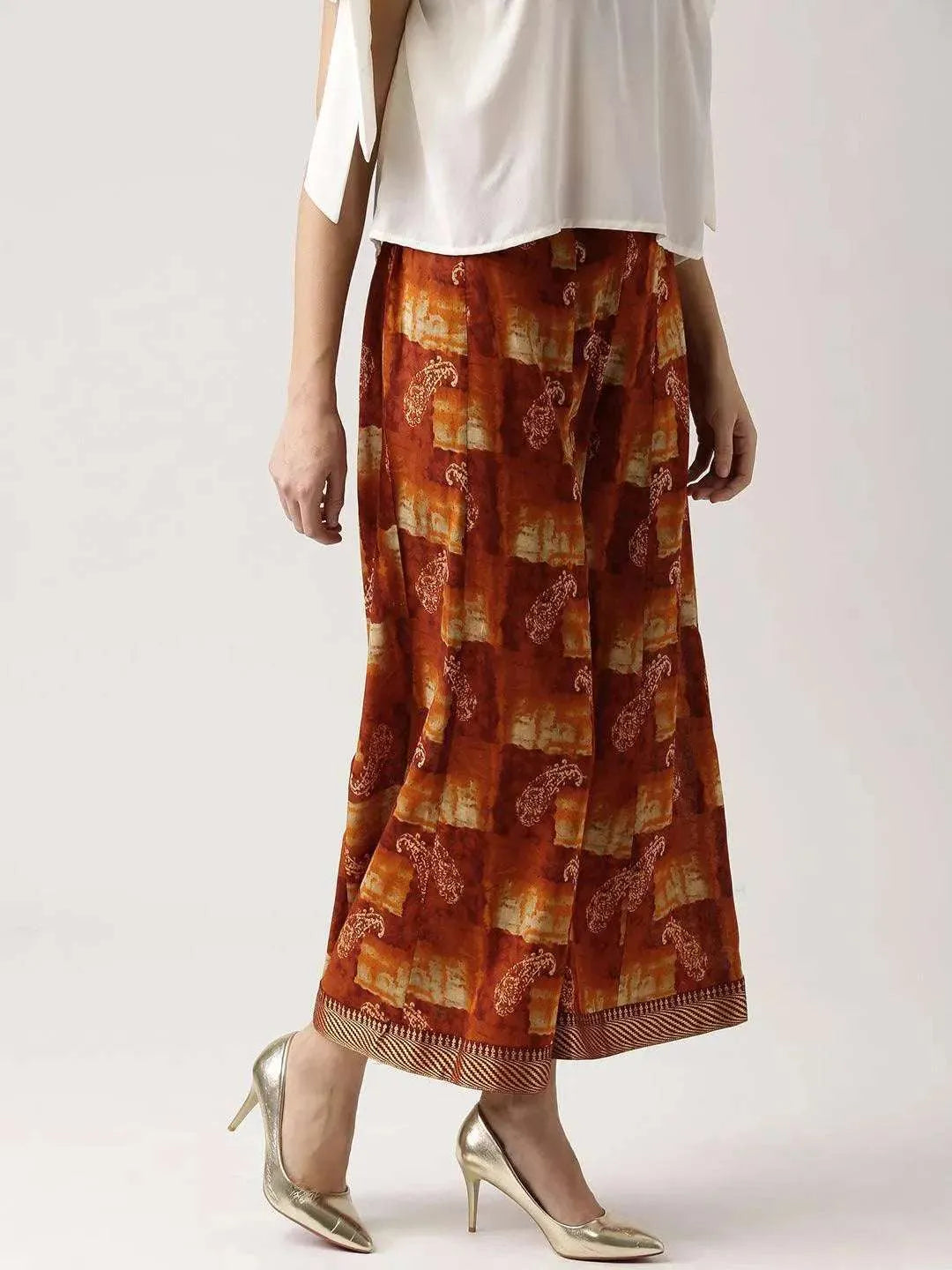 Brown Printed Rayon Palazzos - Libas 