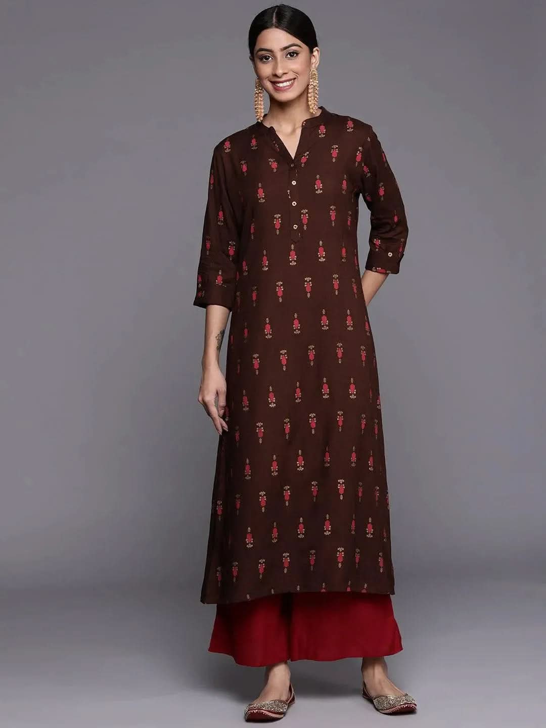 

Brown Printed Rayon Straight Kurta