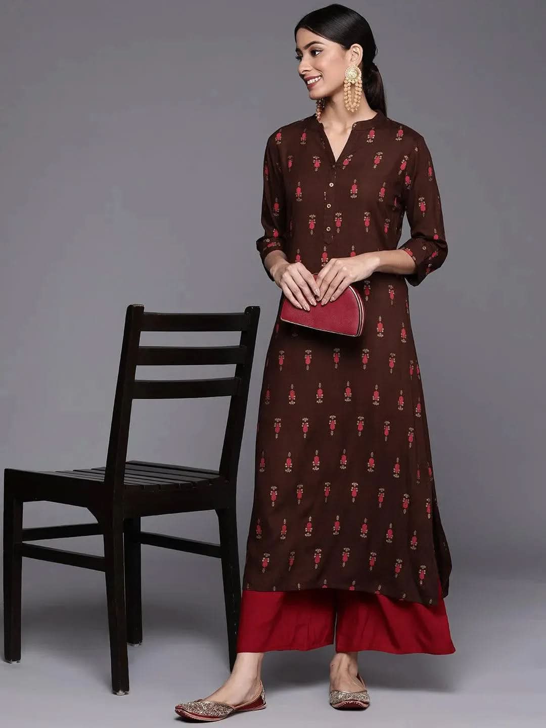 Brown Printed Rayon Straight Kurta - Libas 