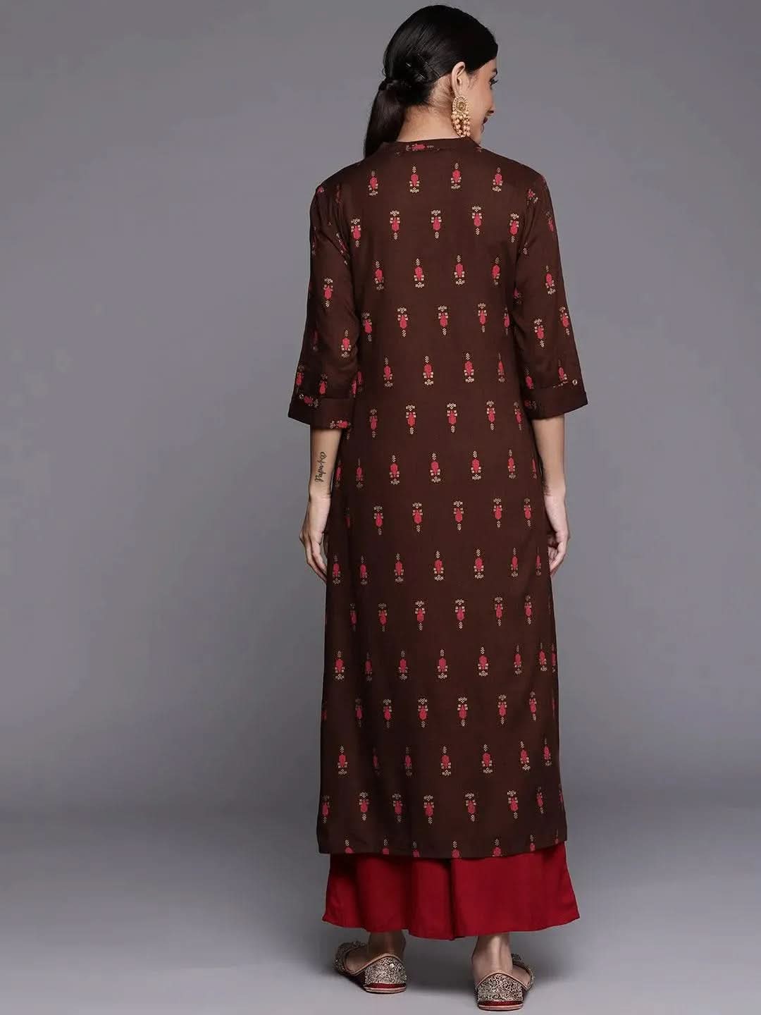 Brown Printed Rayon Straight Kurta - Libas 