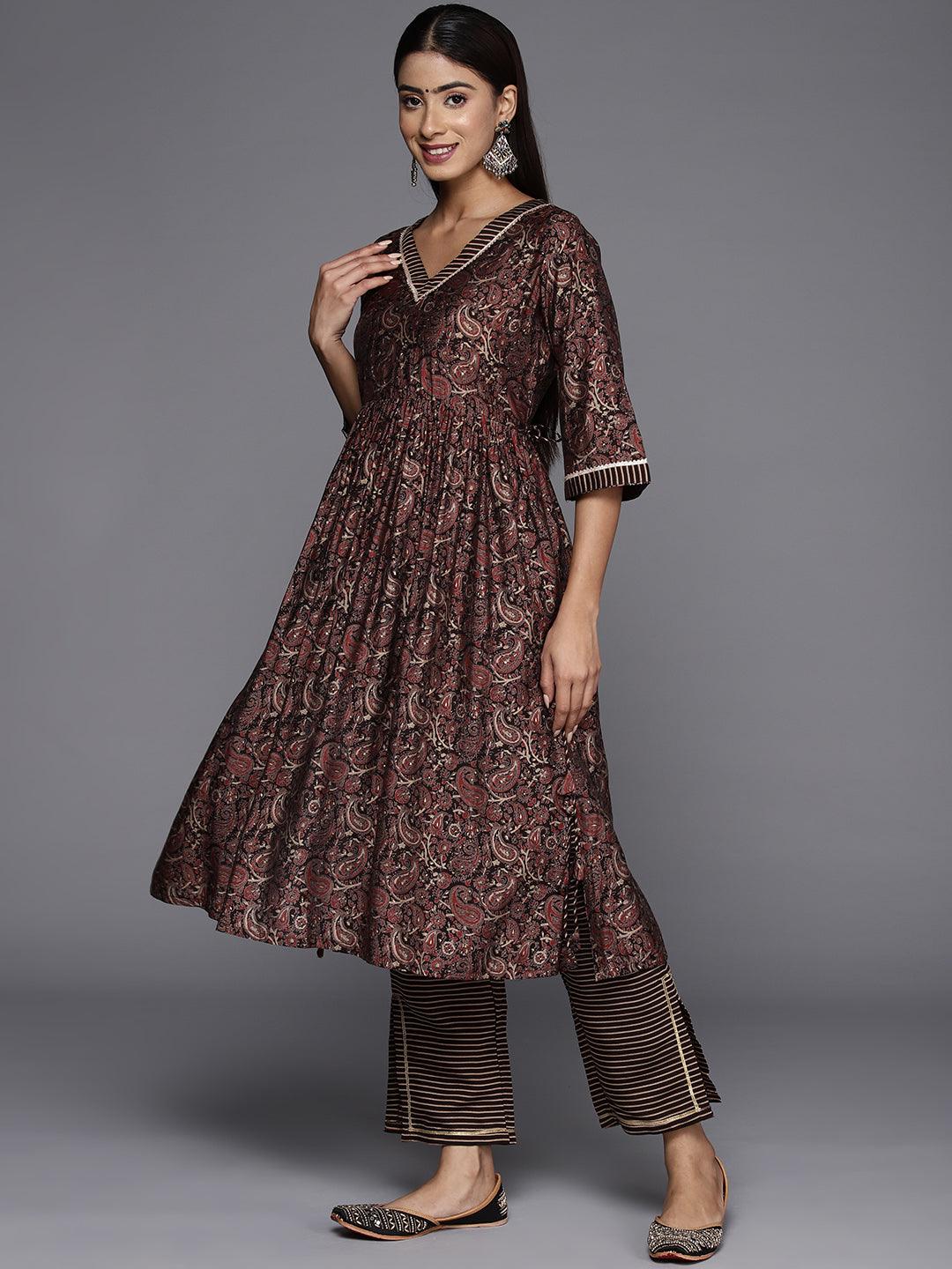 Brown Printed Silk Blend A-Line Kurta With Trousers & Dupatta - Libas