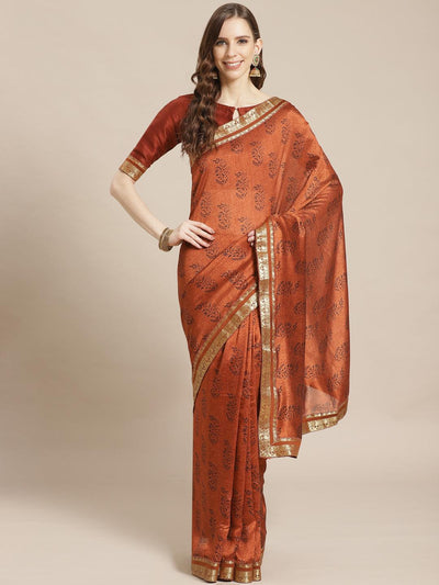 Brown Printed Silk Blend Saree - Libas