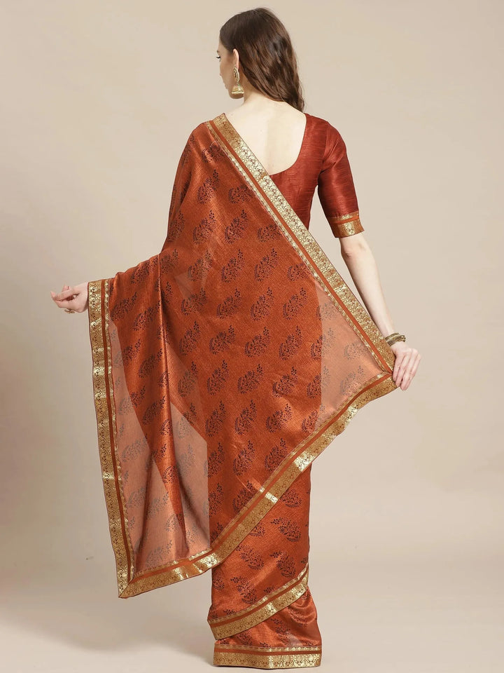 Brown Printed Silk Blend Saree - Libas